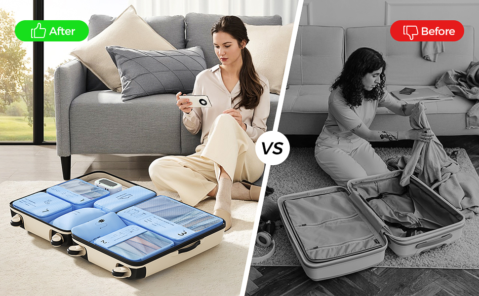 Організатор для валізи Yomisee, набір з 7 частин: Packwürfel Set, сумки для одягу в подорож, органайзер для валізи (блакитний)