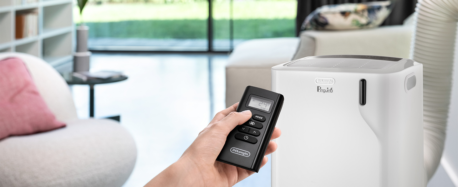 Мобільний кондиціонер De'Longhi Pinguino PAC EM82, білий. Для приміщень до 80 м³, 9400 BTU, 2.4 кВт, функція осушувача, таймер 24 години, клас енергоефективності A