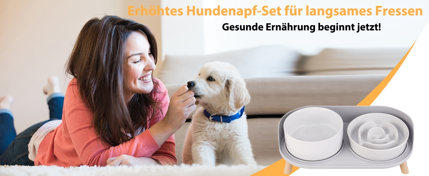 Набір мисок для собак з кераміки, піднятий на платформі: миска для повільного годування, набір з двох мисок для маленьких та середніх собак, годівниця та поїлка з антиковзним підставкою, колір - білий