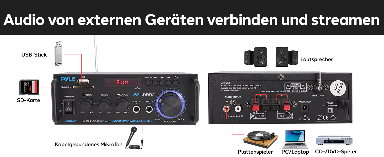 Pyle підсилювач 200Вт, стерео Bluetooth, 2-канальний, RCA, USB, SD, MIC, FM-радіо, регулювання басу та високих, для дому, авто, студії, домашнього кінотеатру