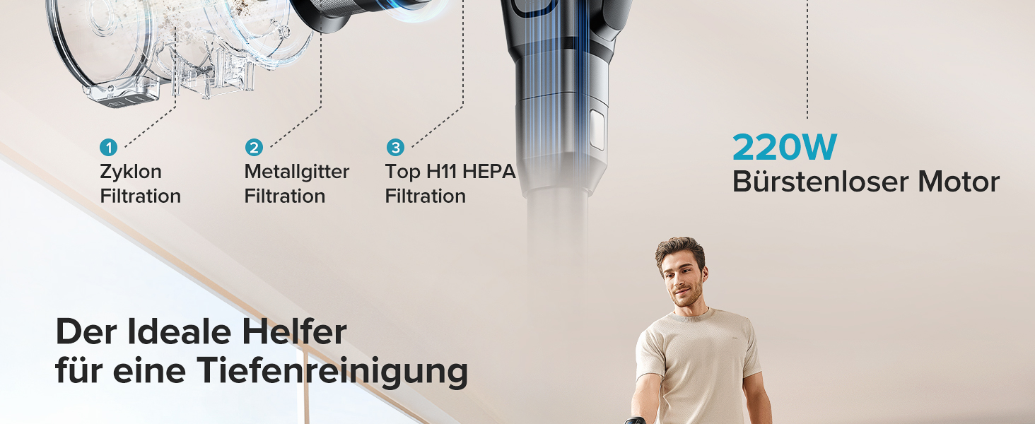 Бездротовий акумуляторний пилосос Lubluelu з LED-щіткою, HEPA-фільтром, потужністю 220W та 25kPa, час роботи до 50 хвилин, для твердих поверхонь, шерсті тварин та килимів (чорний)