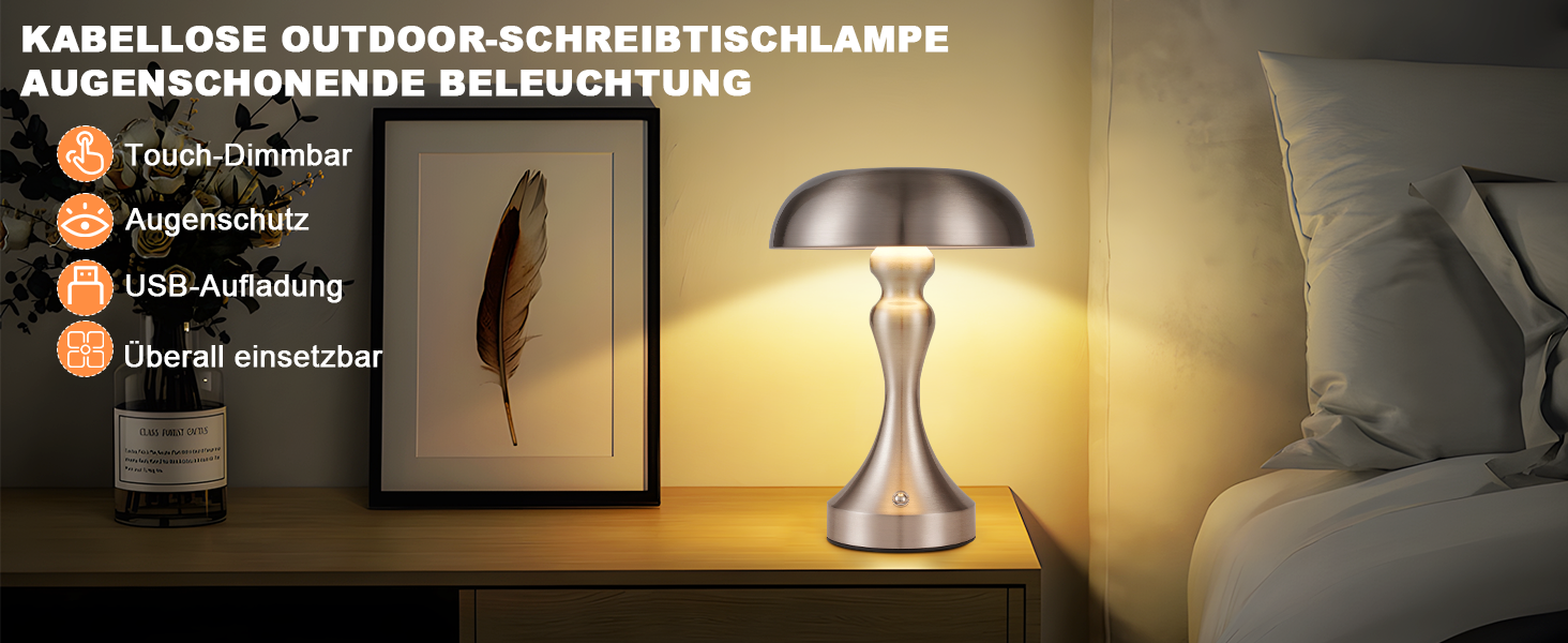 Бездротова настільна лампа Nicke - LED торшер з торканням, регульоване освітлення, USB зарядка, вінтажний дизайн, для спальні та вітальні