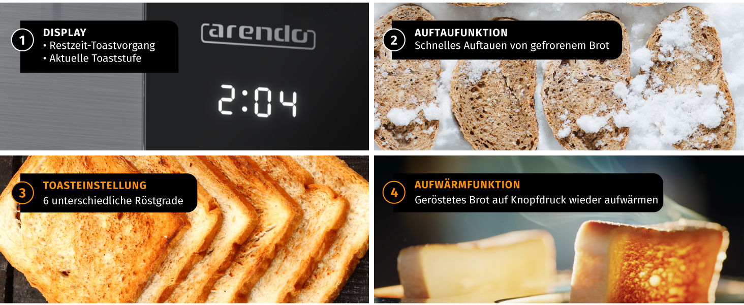 Тостер Arendo з нержавіючої сталі, 2 відділення, довгий проріз, сенсорний екран, подвійні стінки, насадка для бургерів, 6 рівнів підсмажування, центрування хліба, індикатор часу, функція пам'яті, чорний (C: Steelsilver)