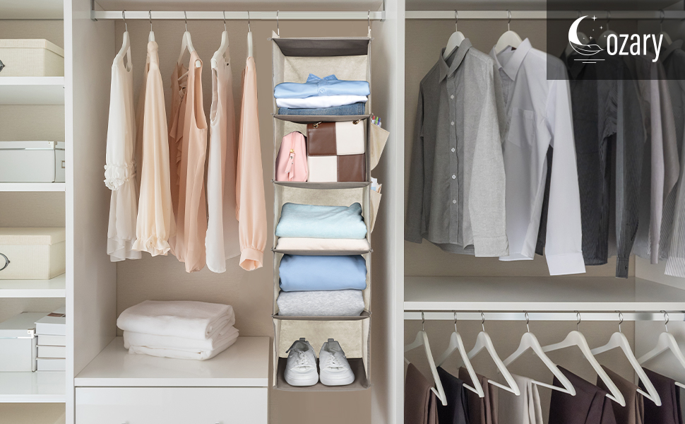 Організатор для шафи Cozary з 5 відділеннями, складаний, з металевими гачками (Бежевий)