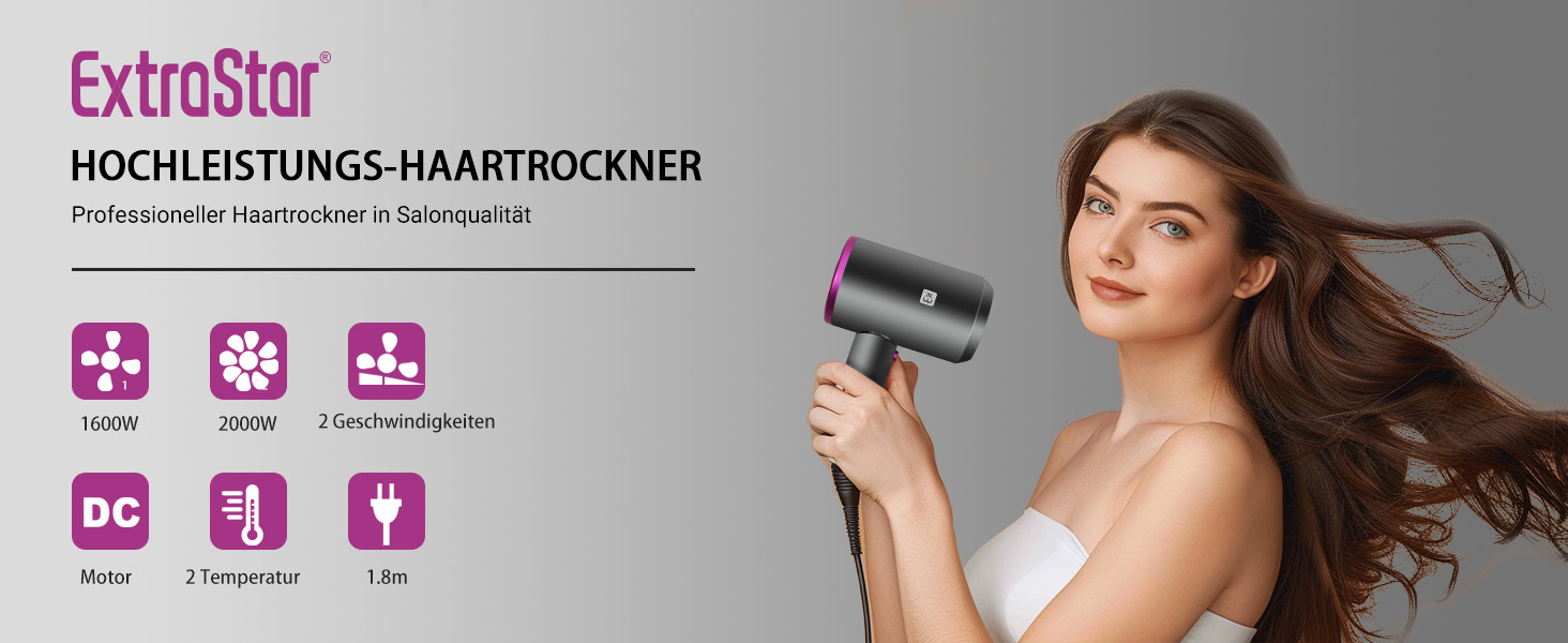 Фен 2000W з 2 режимами температури та 2 швидкостями, насадкою-концентратором, з кнопкою холодного повітря, для дому, салону краси, у подорожі, сірий