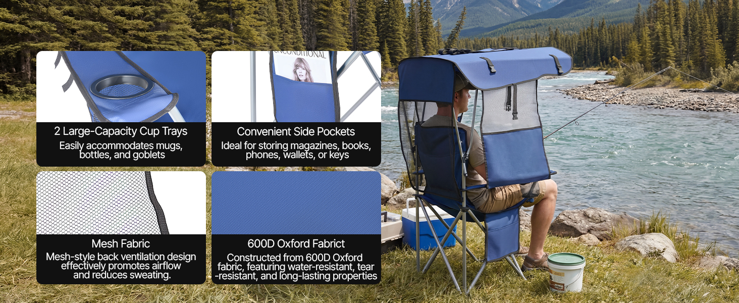 Складний стілець VEVOR для кемпінгу, риболовлі та пікніків, 150 кг, з парасолькою, підсклянниками та кишенею для журналів, темно-синій