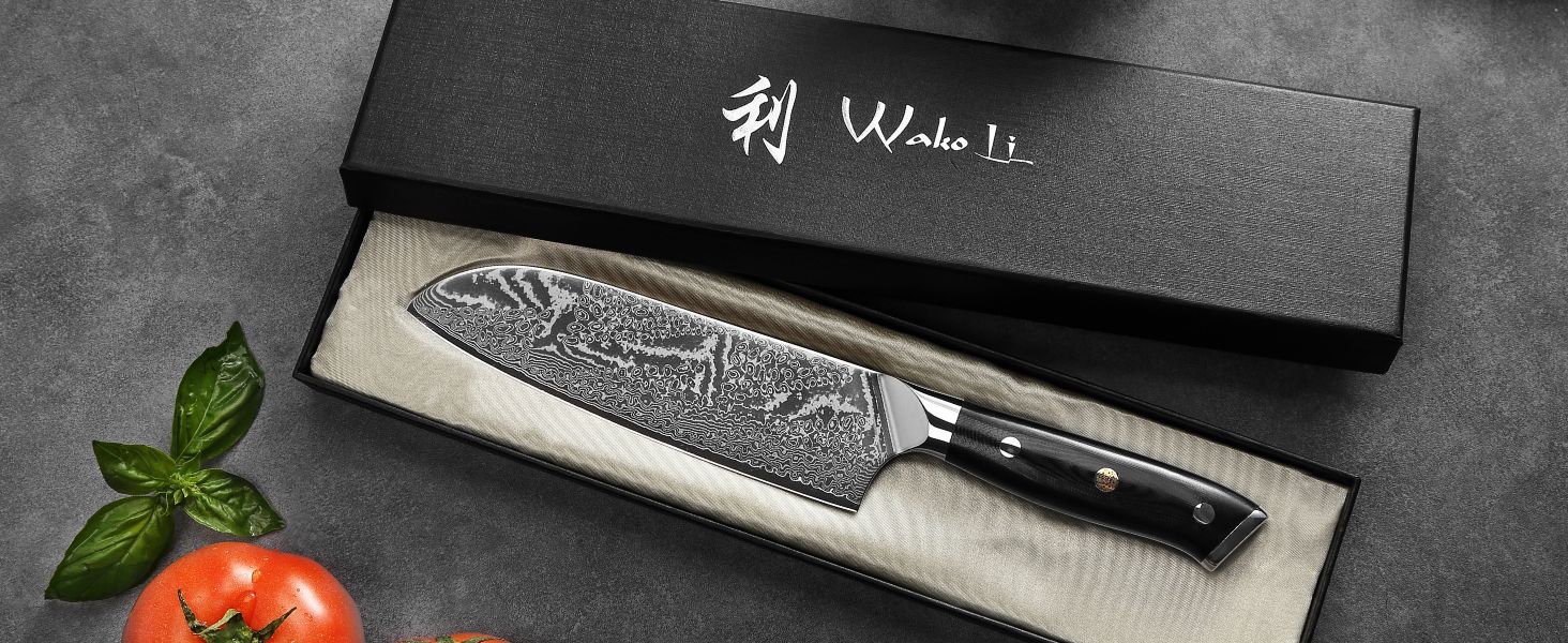 Японський ніж Wakoli Nitoko Santoku 18 см з дамаської сталі (67 шарів) VG10, HRC 60, G10 руків'я, Full Tang, для чистих нарізок, у подарунковій коробці