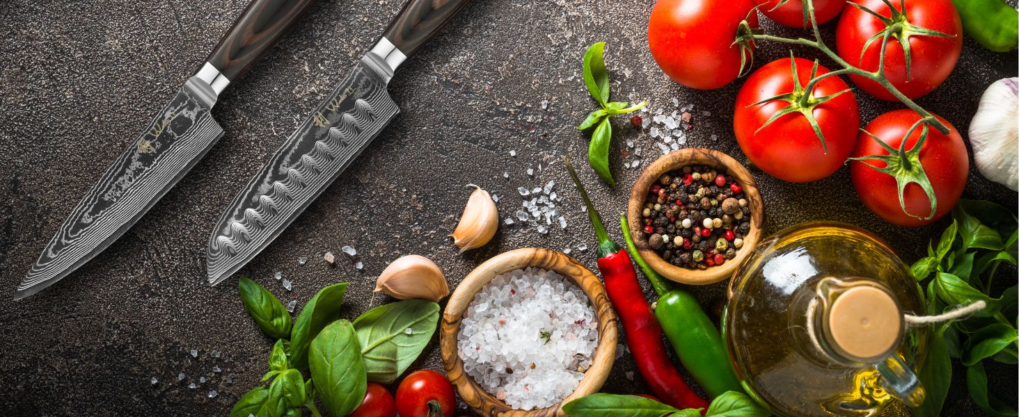 Набір кухонних ножів Wakoli EDIB Essentials: 12см та 13см дамаск, 67 шарів, дерев'яна ручка, подарункова коробка, захист пальців, кухонні ножі та набори