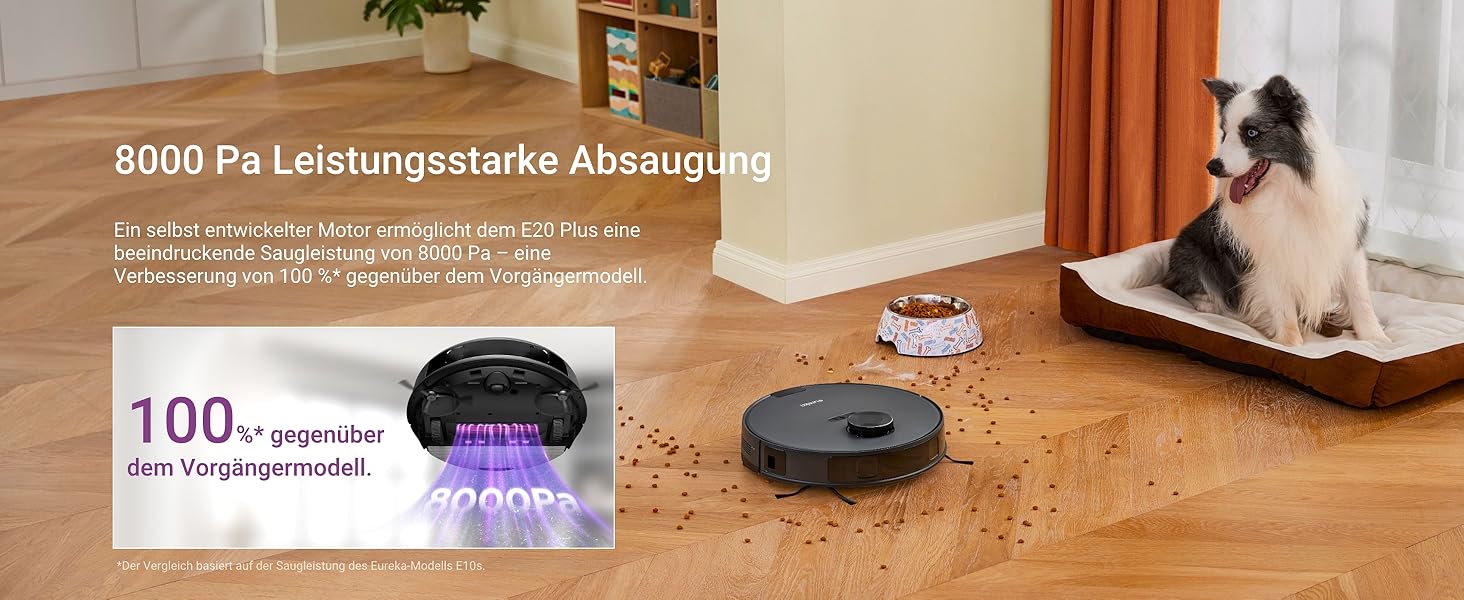 Робот-пилосос EUREKA E20 Plus чорного кольору з функцією миття підлоги, LiDAR-навігація, 4000Pa, автопідняття мопа, керування через додаток та голосовий помічник, ідеально для видалення шерсті тварин