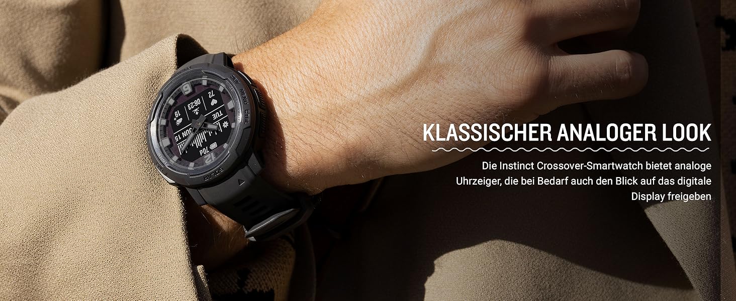 Garmin Instinct Crossover – гібридовий смарт-годинник з GPS, аналоговим вимірюванням часу, 40+ спортивних функцій, сповіщеннями та Garmin Pay (Granitblau/Silber)