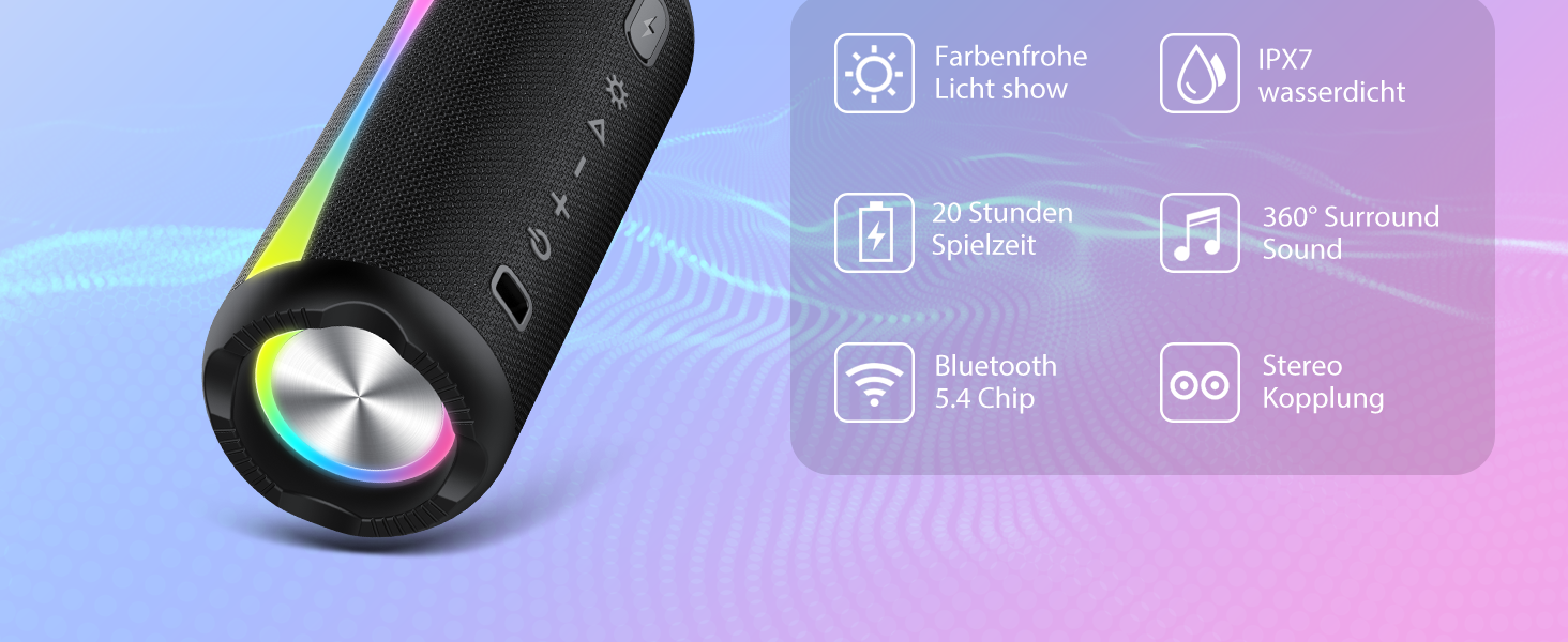 Bluetooth колонка з RGB підсвіткою, IP7 водонепроникна, 20 год автономії, потужний бас - Black
