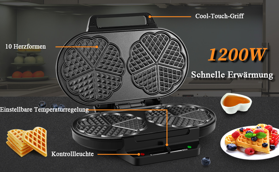 Heart-Shaped Waffle Maker - YASHE SW-2122M - Double Waffle Plates, Non-Stick Coating, Adjustable Temperature, 1200W