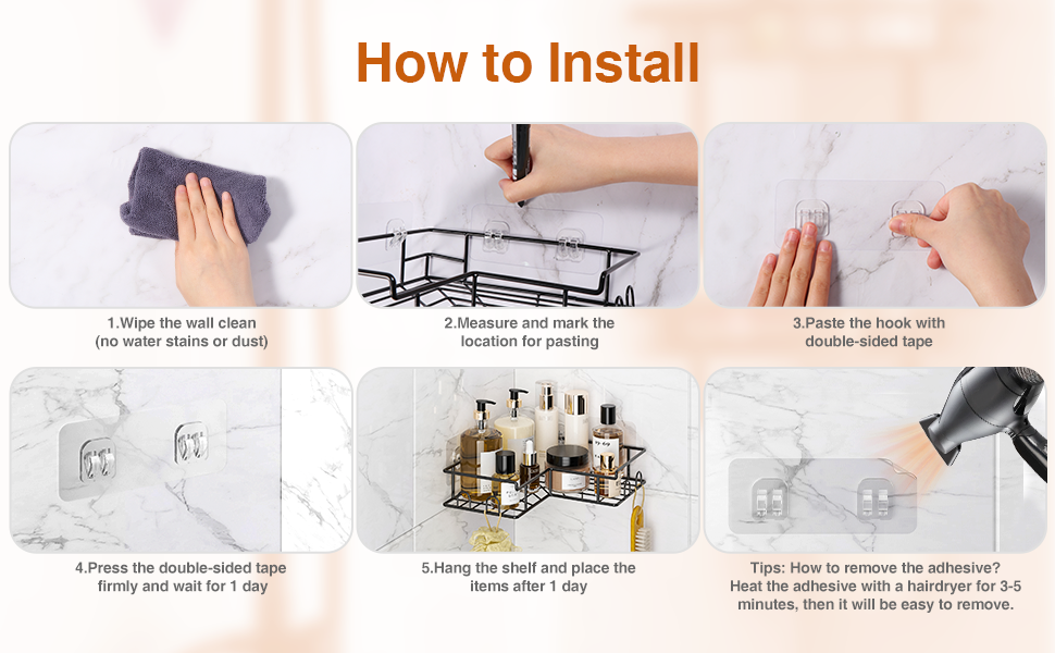 Поличка для душу Diboniur без свердління, кутова, 2 шт. з 8 гачками, з нержавіючої сталі (чорний)