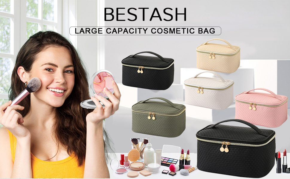 Жіноча косметичка для подорожей, водонепроникна, з відділенням для пензликів, з PU шкіри, велика, органайзер, косметичка для макіяжу (Хвилястий зелений, Елегантний чорний)