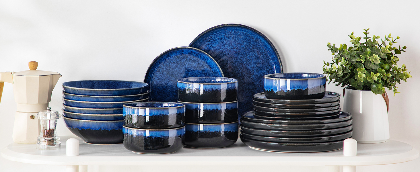 Vancasso Starry 24-Piece Blue Stoneware Dinnerware Set for 6 - Complete Tableware Set with Plates, Bowls
