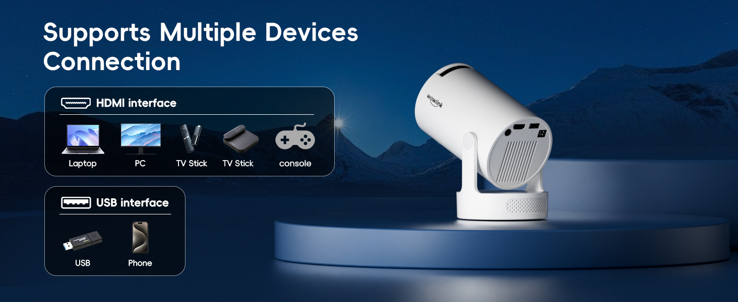 Портативний проєктор Mini Beamer 4K/1080p з Wi-Fi 6 та Bluetooth 5.4. Keystone 180°, сумісний з HDMI, TV Stick, Memory Stick, Laptop. Колір: Бежевий