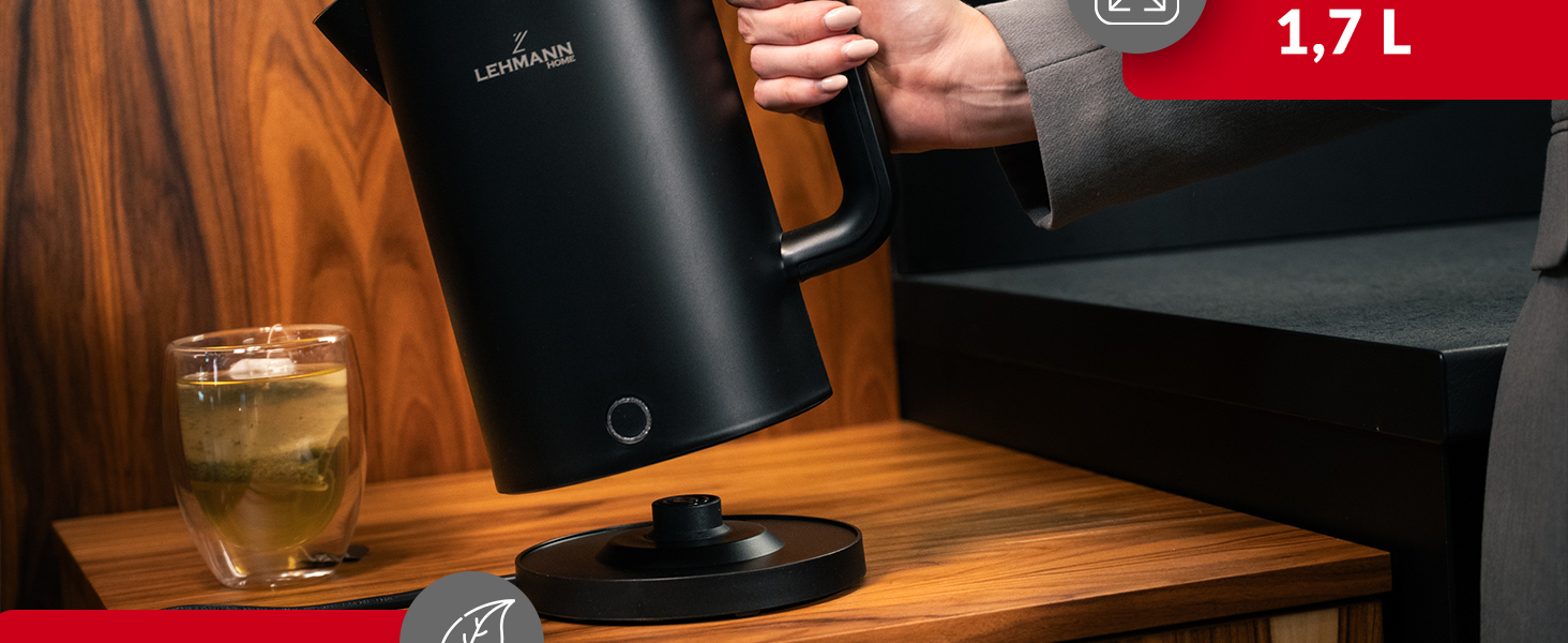 Електричний чайник LEHMANN з нержавіючої сталі 1,7л, 2200W, швидкий нагрів, подвійні стінки, автовимкнення та захист від перегріву, BPA-free, для дитячого харчування, чаю та кави, чорний