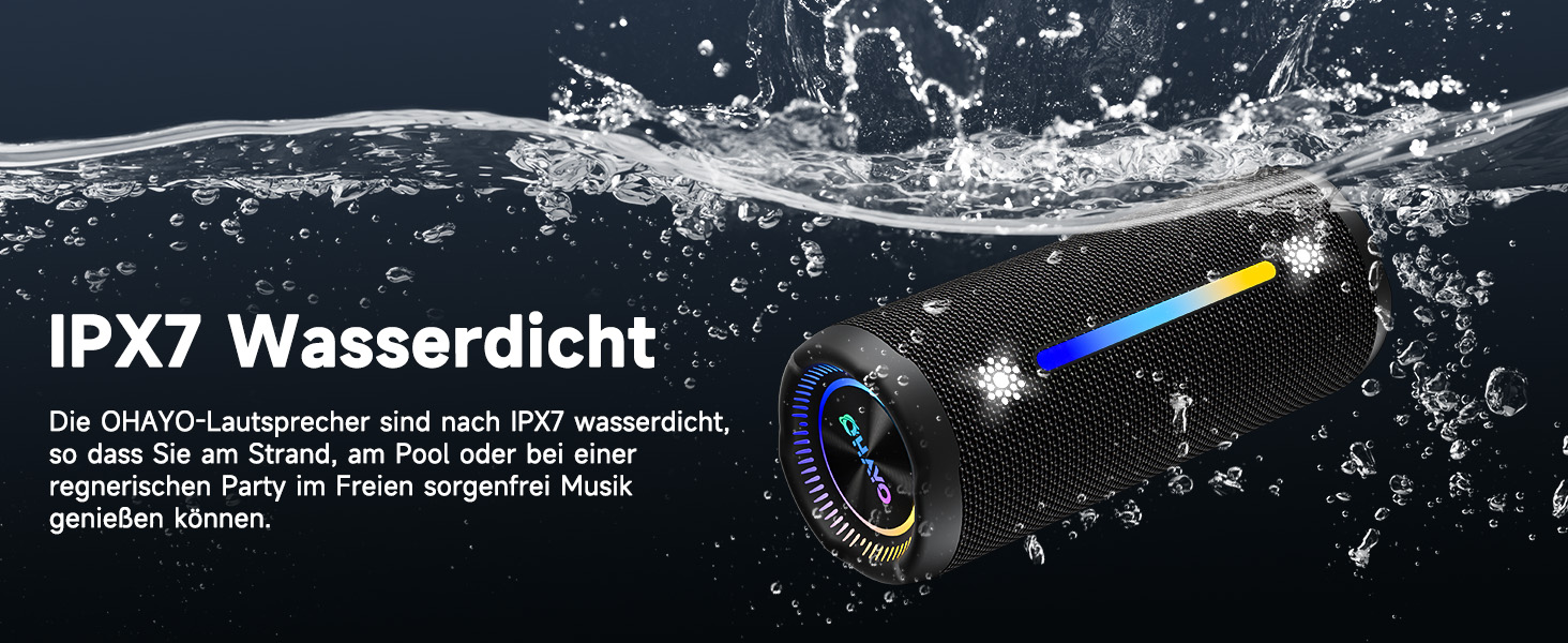 Bluetooth Портативна Колонка OHAYO з LED підсвіткою, 25W, IPX7, 24h, Bass Boost, 6 RGB режимів, для активного відпочинку, чорна