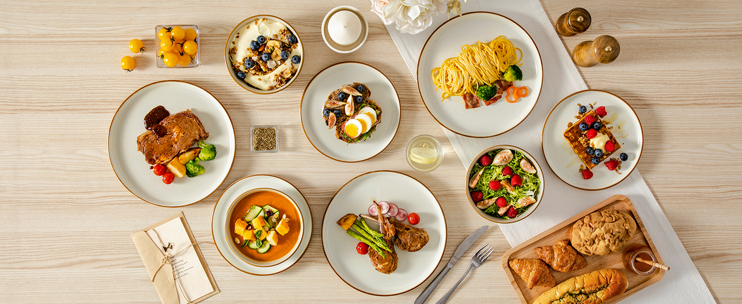 Набір посуду на 6 осіб Vancasso RENO 24 шт. з каменю, сучасний сервіз: тарілки для їжі, супу, десерту, миски. Підходить для миття в посудомийній машині та використання в мікрохвильовій печі. (Бежевий, 36 шт.)