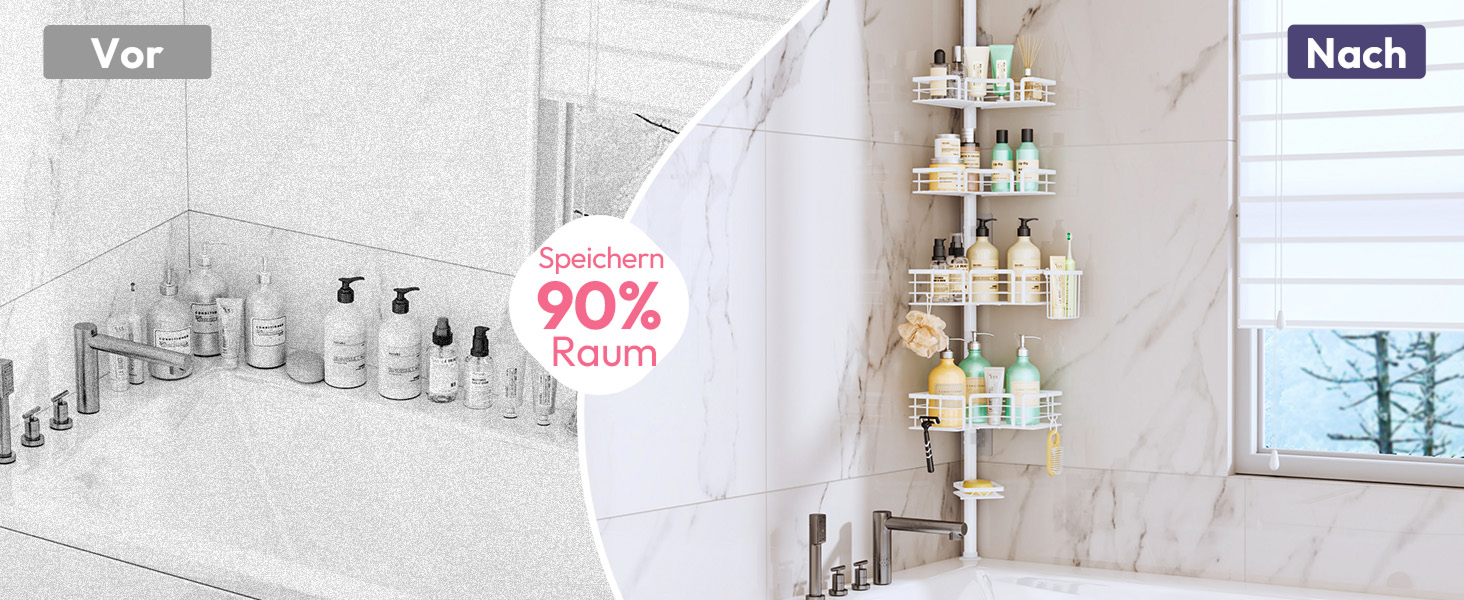 Поличка для душу SWTYMIKI телескопічна, кутова, з мильничкою та тримачем для зубних щіток, 4 гачки, регульована, не потребує свердління, нержавіюча сталь, 70-275 см, білий