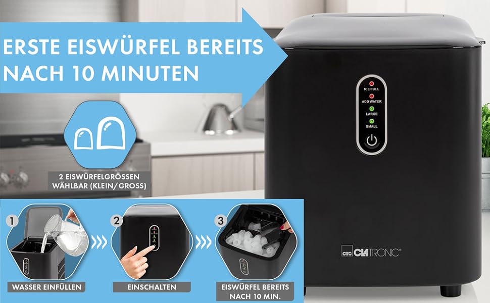 Машина для приготування льоду Clatronic EWB 3785 | Швидке приготування (через 10 хвилин) | Самоочищення | 12 кг/24 години | 1,5 л резервуар для води | Чорний | Нова модель