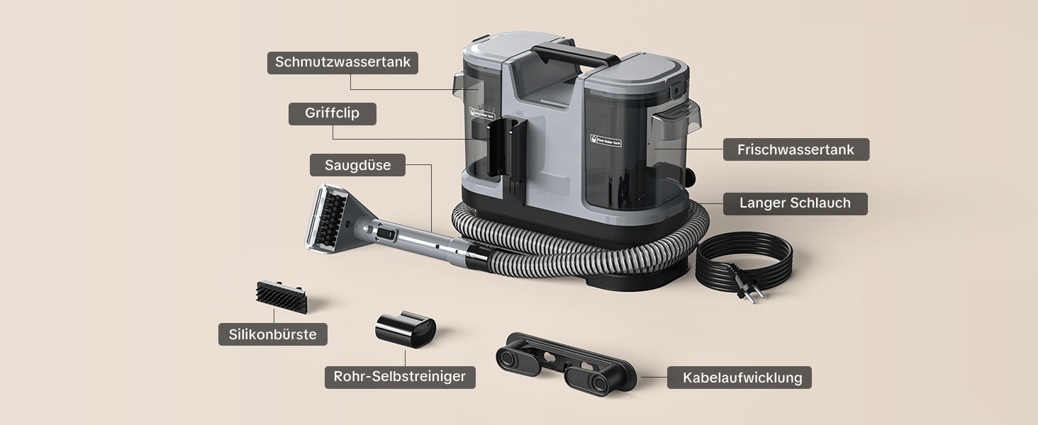 Lubluelu Пылесос для чищення мягкой мебели и ковров, 600 Вт - 18 кПа, портативный, с самоочисткой и длинным шлангом для ковров, диванов и салона автомобиля, серый