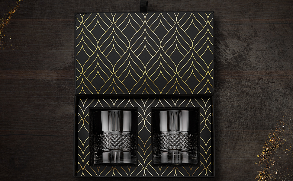Склянки для віскі Kristall – набір 2 шт (340 мл) Reserve для віскі, бурбону та коктейлів Old Fashioned – подарунковий набір у коробці з золотою фольгою