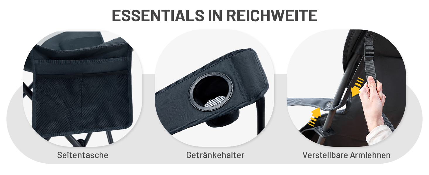 Кемпінговий стілець Timber Ridge складаний, до 180 кг, з регурованою спинкою (3 положення), підлокотниками, тримачем для напоїв та бічною кишенею, ширина сидіння 62 см