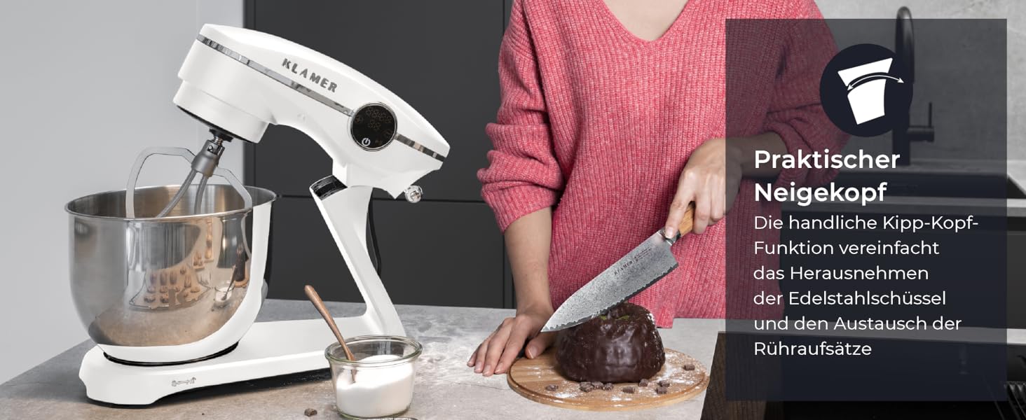 KLAMER 1800W Stand Mixer - Stainless Steel Bowl 6L, 10 Speed Settings, Timer, Planetary Mixing, Dough Hook, Whisk & Beater - White