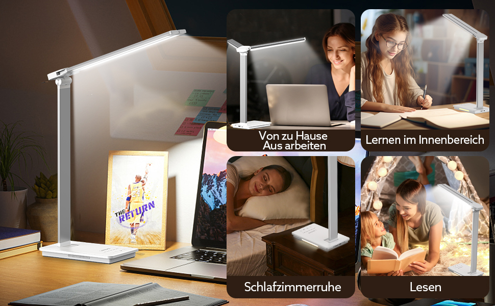 Лампа настільна LED LENDO з двома головками, регульована яскравість 700 люмен, 5 рівнів регулювання, 5 кольорових режимів, USB-порт для зарядки та вбудований акумулятор 2000mAh, для дітей, спальні, читання (срібна)