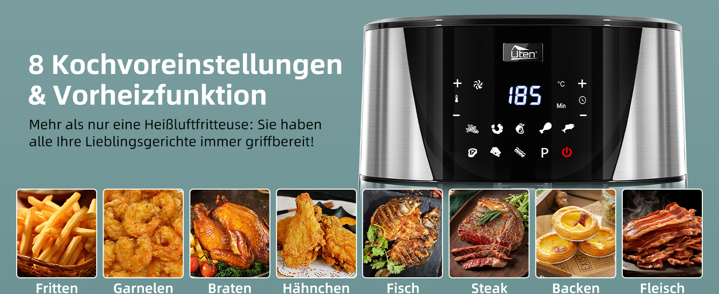 Електрична фритюрниця Uten 5.5L XXL з гарячим повітрям, 1700W, таймер, антипригарне покриття, для 2-8 осіб, чорна