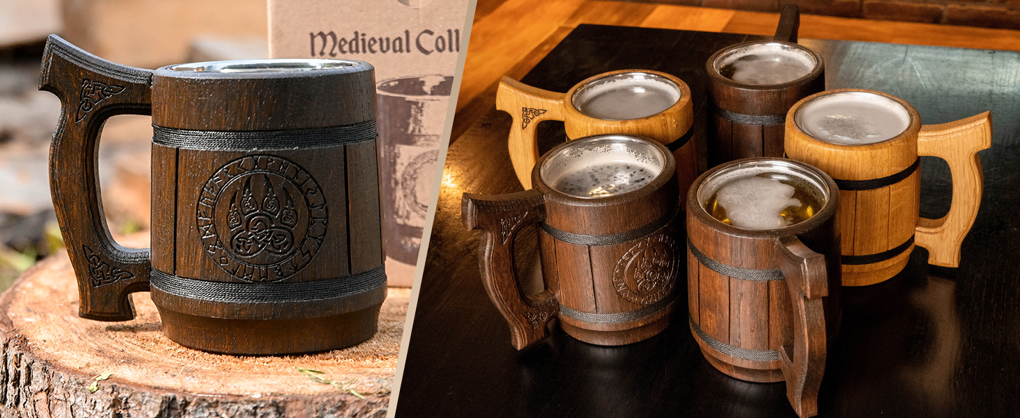 Діжка Wikinger 0.6 л з дуба - середньовічна діжка для пива, кружка, кубок з гравіюванням Молота Тора, рунами. Ідеальний подарунок для чоловіків, дерев'яний кубок з рунами, подарунок на День Святого Валентина