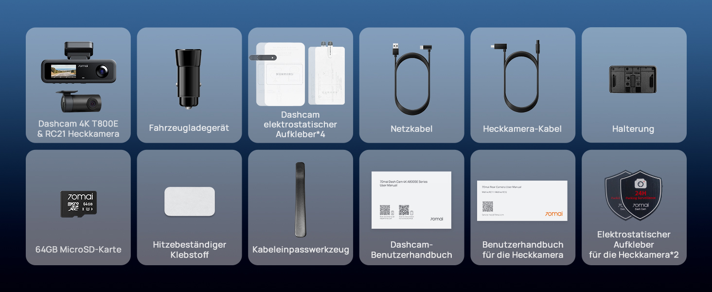 Автомобільний відеореєстратор 70mai T800E 4K 3-канальний (передній, внутрішній, задній) з HDR, ІЧ-нічним баченням, GPS, WiFi 6 та карткою пам'яті 64GB
