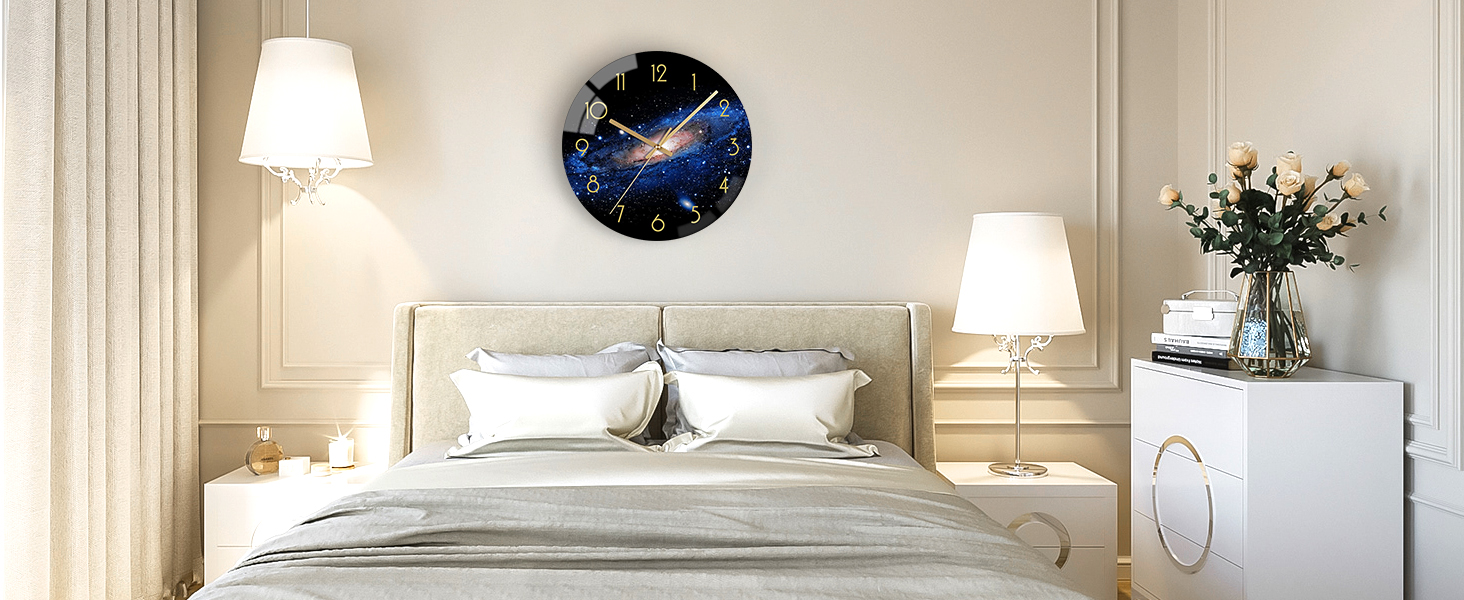 VIKMARI Glass Wall Clock Silent-Non Ticking Wand Clocks - Quality Quartz Battery-Operated Round 12 Inch (Night Sky Pattern)