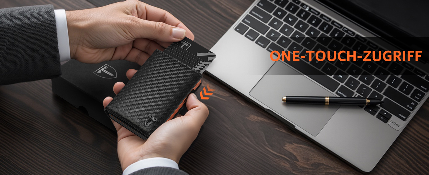 Чоловічий гаманець з RFID-захистом – портмоне з карбонової шкіри, 8 відділень для карток, віконце для ID, монетниця, кишеня для грошей, з подарунковою коробкою, чорно-помаранчевий