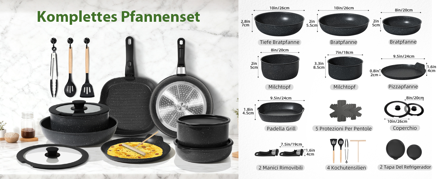 Набір каструль та сковорідок Induktion GMISUM 22 шт. з знімними ручками, для всіх типів плит, чорний