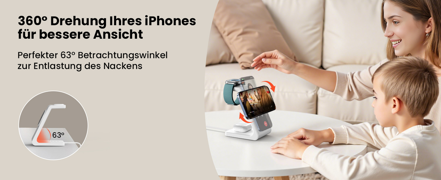 GEEKERA 3-в-1 зарядний пристрій Qi2 з MagSafe, 15W індукційна станція для iPhone 17/16/15/14/13/12, Apple Watch 11-2 та AirPods, білий/сірий