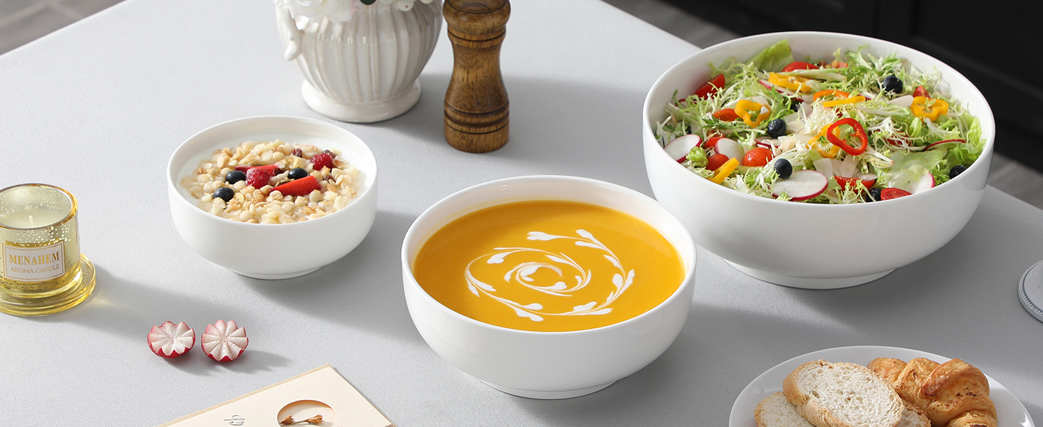 Набір супових та салатних мисок MALACASA Regular Weiß (3шт, 3.4л, 1.8л, 0.8л) з порцеляни. Ідеально для супу, салату, рамену, фруктів та мюслі.