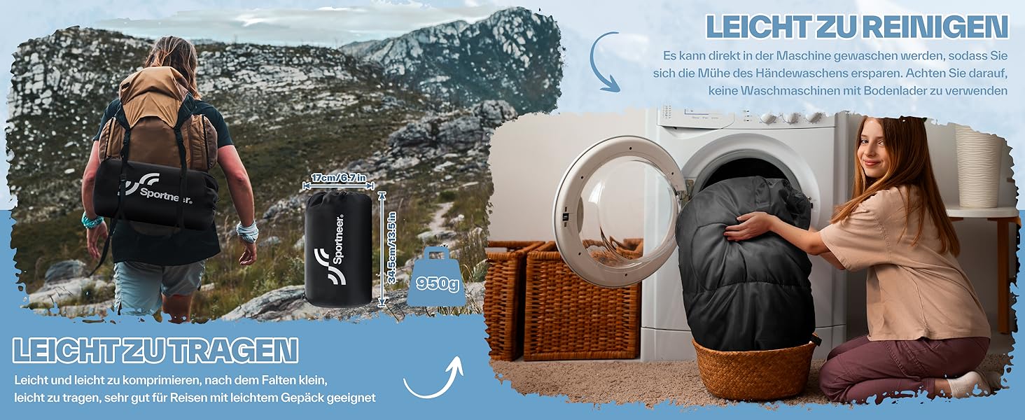 Сплячий мішок Sportneer - компактний та ультралегкий (950г/1500г) - спальний мішок типу 'кокон' для кемпінгу та відпочинку на природі. Підходить для чоловіків, жінок та дорослих (Чорний, літній). 3-4 сезони