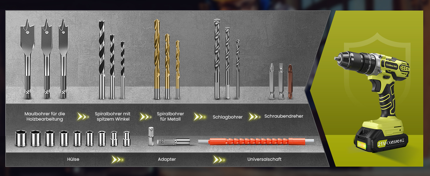 Акумуляторний дриль-шуруповерт 21V з 2 акумуляторами 2000mAh, 45Nm, 2 швидкості, 25+3 ступені крутного моменту, патрон 10мм, 27 предметний набір та кейс для дому та DIY