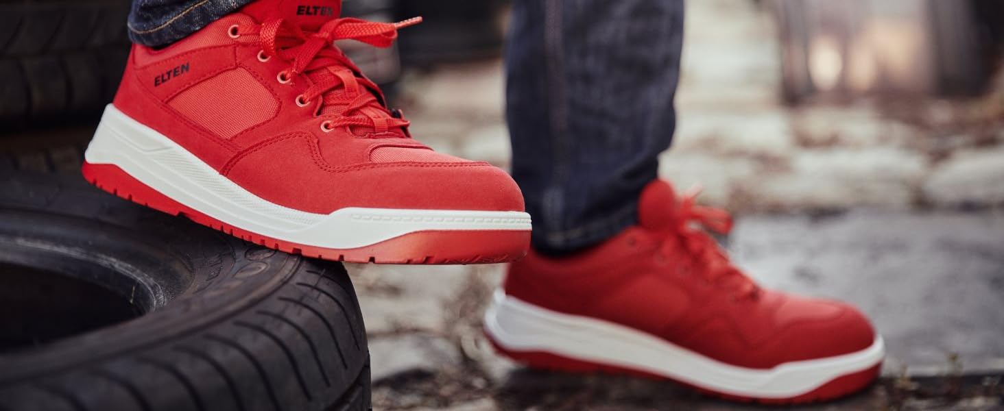 Робочі черевики ELTEN MAVERICK чорно-червоні Mid ESD S3, чоловічі та жіночі, шкіряні, з металевим носком, легкі, спортивні, розмір 40 EU