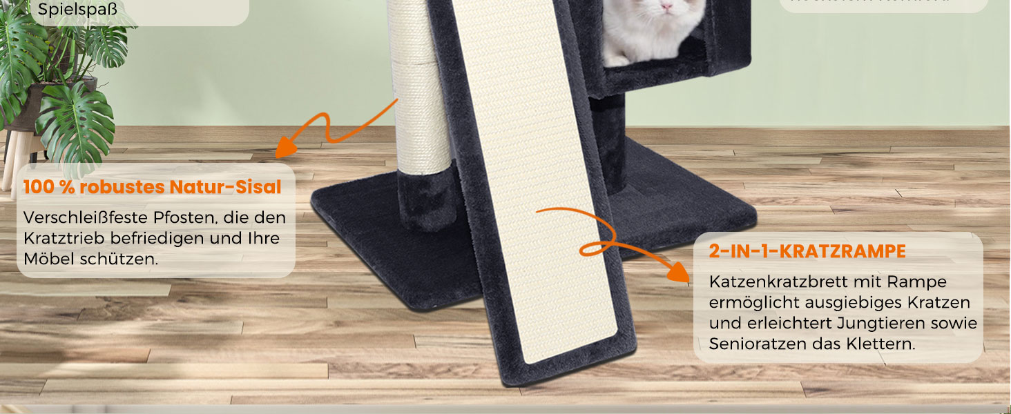 Дряпальня для котів великих порід, 60 см, сірий, з платформою, сизаль, пандус, будиночок, м'ячики, щітка