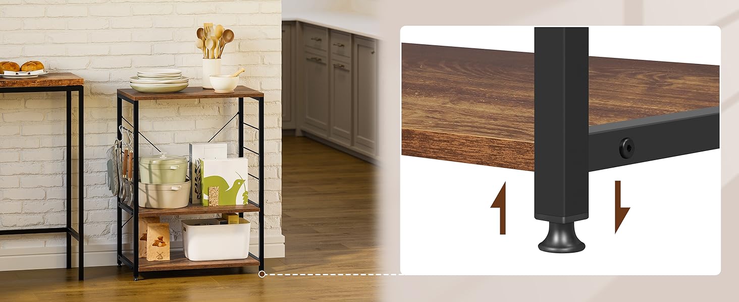 WOLTU Kitchen Shelf, Freestanding Shelf, Microwave Holder, Baker's Rack, Metal Shelf made of Wood and Steel, with 3 Shelves, approx. 60 x 40 x 82 cm, White + (Vintage Brown)