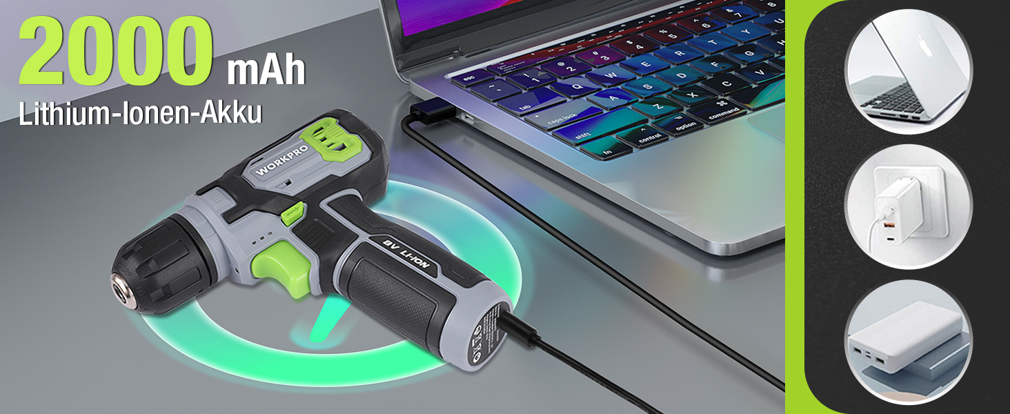 WORKPRO 8V Акумуляторний дриль-шуруповерт, комплект з кейсом, 2000 mAh, 10 мм патрон, 12 Н·м, LED, 21 шт. аксесуарів, для ремонту та DIY, сірий & зелений