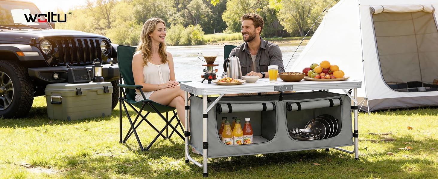 Складний алюмінієвий кемпінговий стіл WOLTU з регульованою висотою та полицями для зберігання, білий+сірий - для пікніка, пляжу, саду