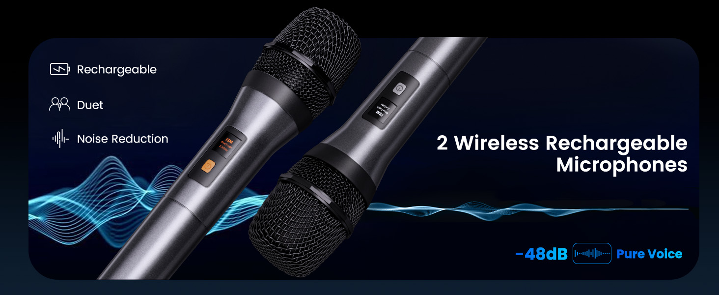 Караоке машина з 2 бездротовими мікрофонами Bluetooth 2x10W – портативна колонка з TWS/AUX/USB/FM для TV, смартфону та планшету. Ідеально для вечірок, днів народження та подорожей (Mic2)