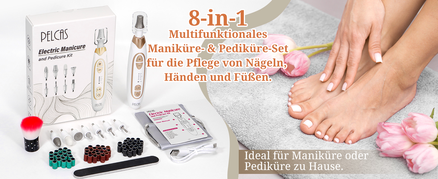 Електричний фрезер для ніг PELCAS з LCD дисплеєм: професійний набір для манікюру та педикюру, акумуляторний, для товстих нігтів та кутикули, біле золото