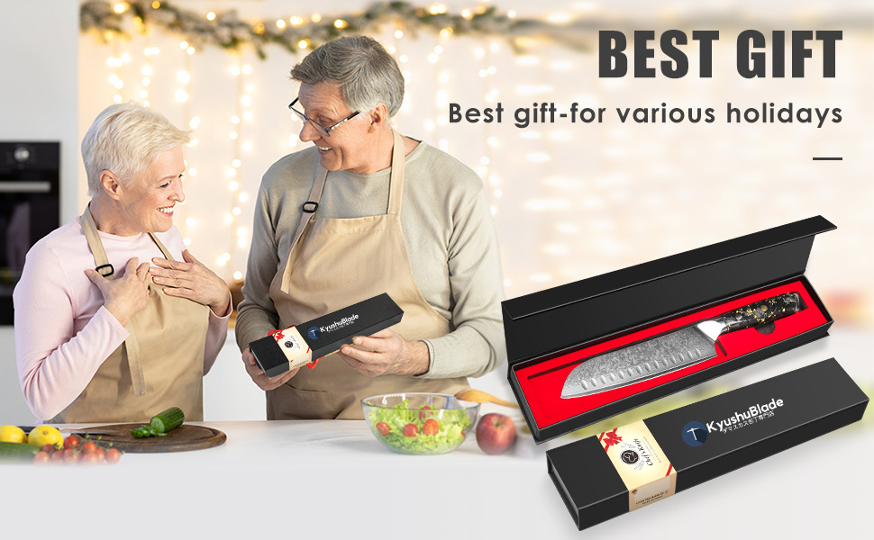 Японський ніж Santoku Kyushublade з дамаської сталі (67 шарів), з унікальною ручкою з карбону та золота, професійний кухонний ніж