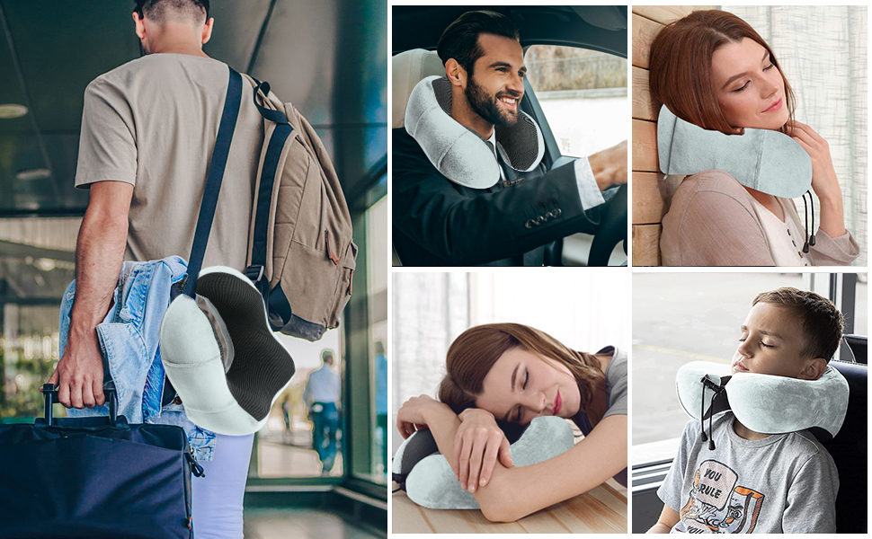 Подушка для шиї SOMLAW (2 шт.) з memory foam, ергономічна, для подорожей, літака, авто, офісу, з маскою для сну та берушами (сіро-білий)