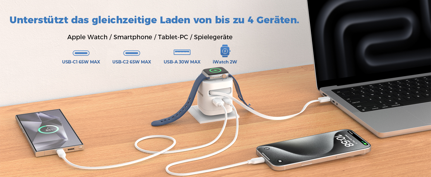 Зарядний пристрій 65W USB-C GaN з кабелями для Apple Watch, iPhone, iPad, MacBook, Samsung Galaxy - білий